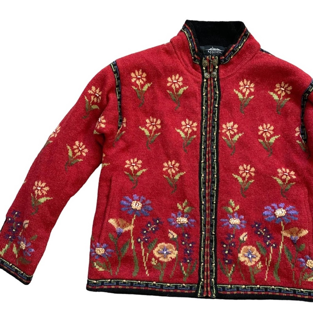 Icelandic Designs Wool Floral Zip-Front Cardigan Sweater - Red - Picture 6 of 9